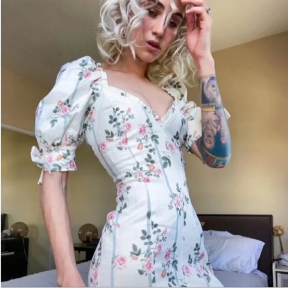 For Love & Lemons Rose Stripe Floral Linen Mini Dress - Picture 3 of 11